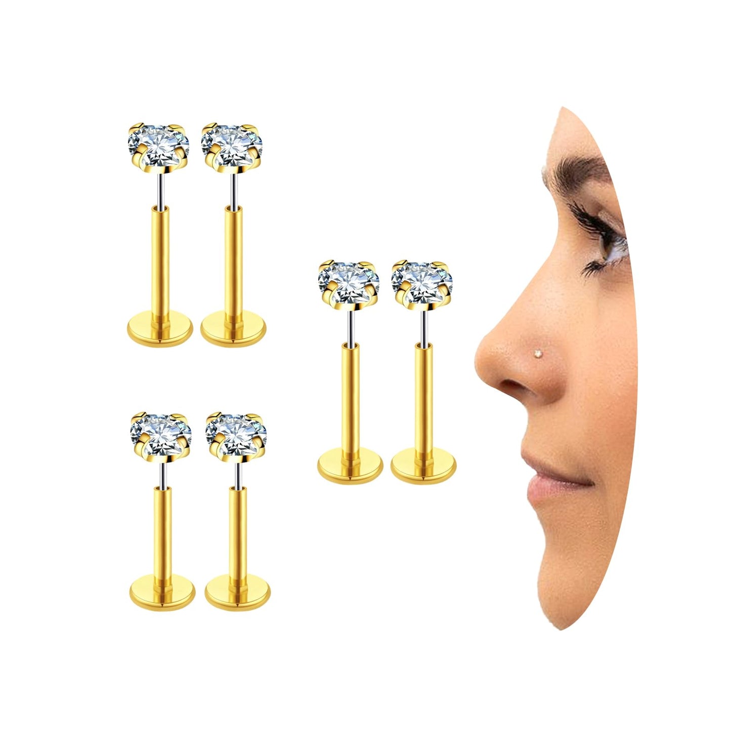 COTATI 20G Flat Back Earrings Stud Threadless Tragus Cartilage Lip Medusa Piercing Jewelry Hypoallergenic (Gold,20G 4/4/4mm CZ)