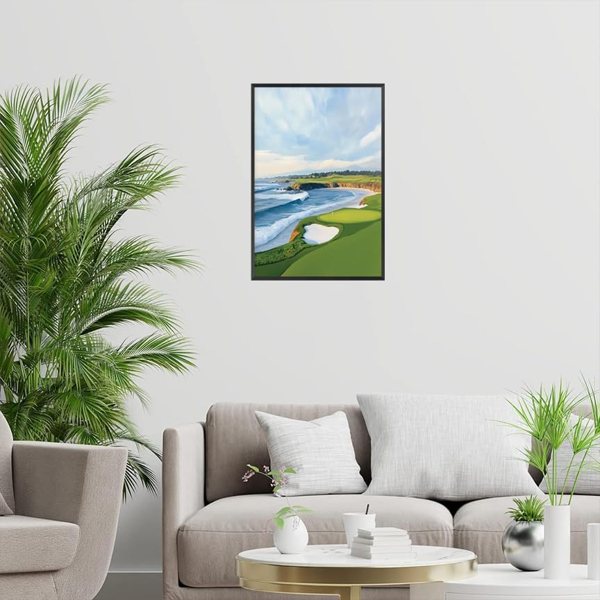 Coastal Golf Course Poster Summer Golf Landscape Wall Art Trendy Sporty Aesthetic Illustration Prints Painting For Living Room Bedroom Office Wall Decor 12x16in Framed