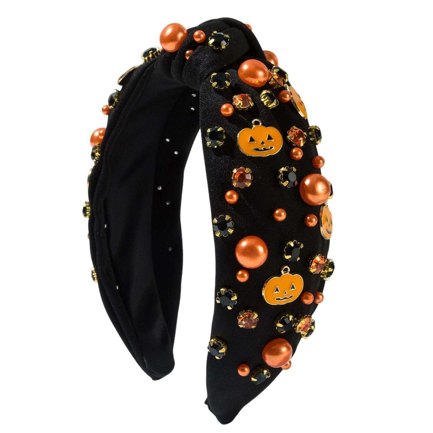 Halloween Thanksgiving Fall Pumpkin Crystal Pearl Knotted Headband for Women Hair Accessories Outfits (Color B, Medium)
