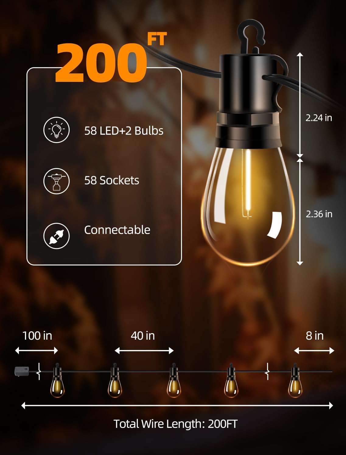 Vozuji Outdoor Patio String Lights: S14 Shatterproof Bulb Outside Waterproof Light - 200Ft 60M Remote Dimmable Connectable Hanging Outdoor Electric Lighting - Garden Backyard Yard Gazebo Porch Party