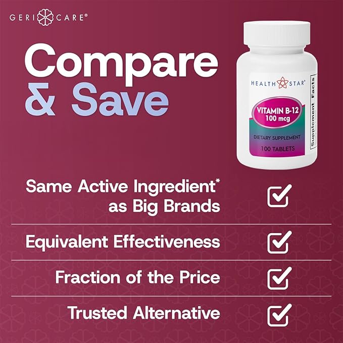 GeriCare Vitamin B-12 100mcg Tablets – Promotes Energy, Cognitive Function & Nervous System Support – Trusted Supplement for Daily Wellness – 100 Count