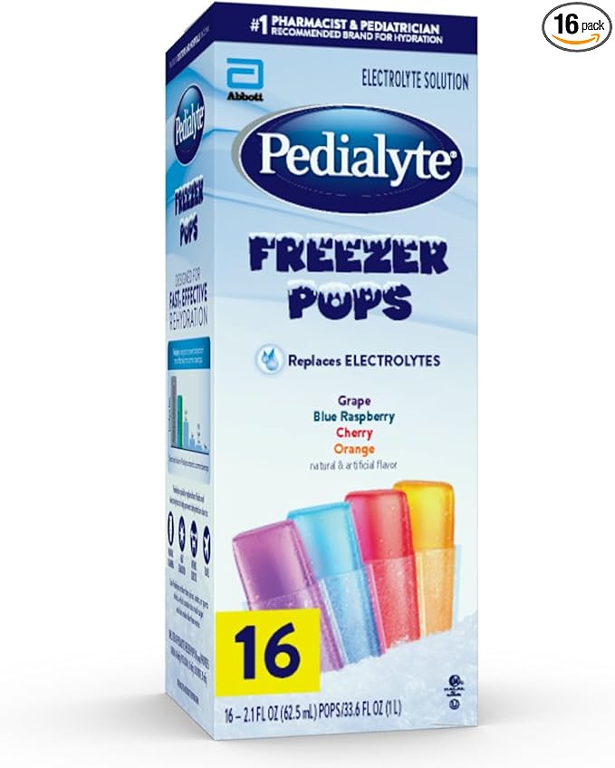 Pedialyte Electrolyte Solution Freezer Pops, Hydration Variety Pack— Grape, Blue Raspberry, Cherry, Orange, Pack of 16