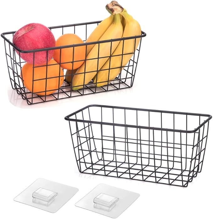 Hanging Kitchen Baskets Adhesive Sturdy Wire Storage Baskets with Kitchen Food Pantry Bathroom Shelf Storage No Drilling Wall Mounted,Black,2 Pack
