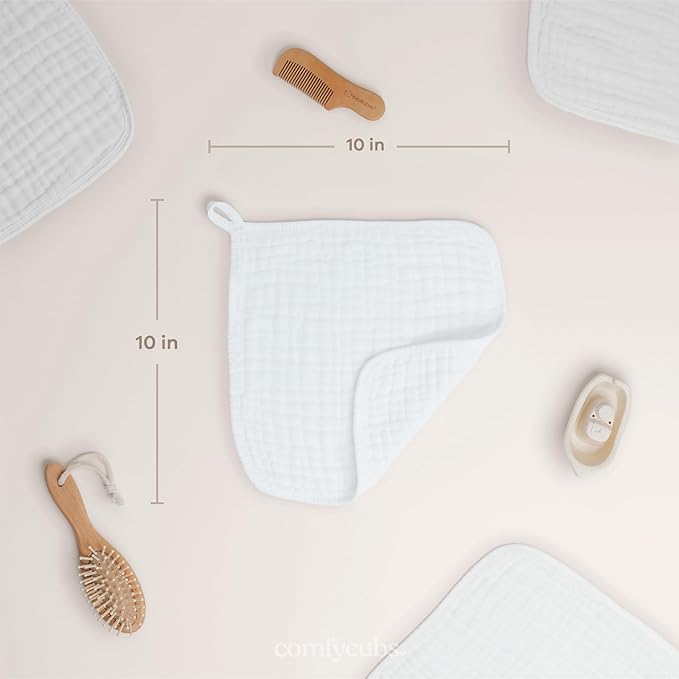 Comfy Cubs Muslin Baby Washcloths 6 Pack - Soft 6-Layer Cotton Wash Cloths for Sensitive Skin - 10"x10" Large, Gentle, Absorbent Infant Essentials for Newborn and Toddlers - White