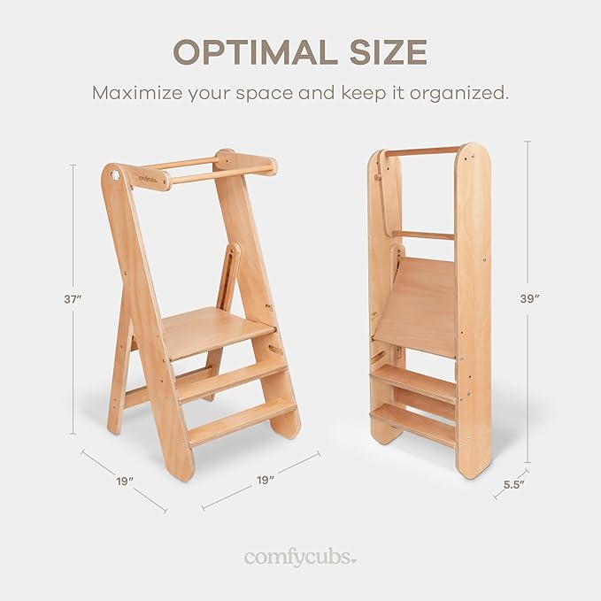Comfy Cubs Kids Step Stool for Ages 3+, 3 Height Adjustable Toddler Tower, Montessori Furniture Designed in The US - Toddler Standing Tower for Kitchen Sink & Bathroom Access - Natural Wood