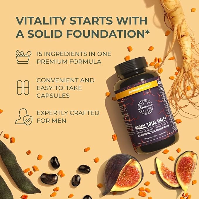 Primal Harvest Primal Total Male Natural Tribulus Terrestris, Fenugreek, Korean Ginseng, Maca Root Horny Goat Weed for Men Booster, Max Boost 90 Capsules…