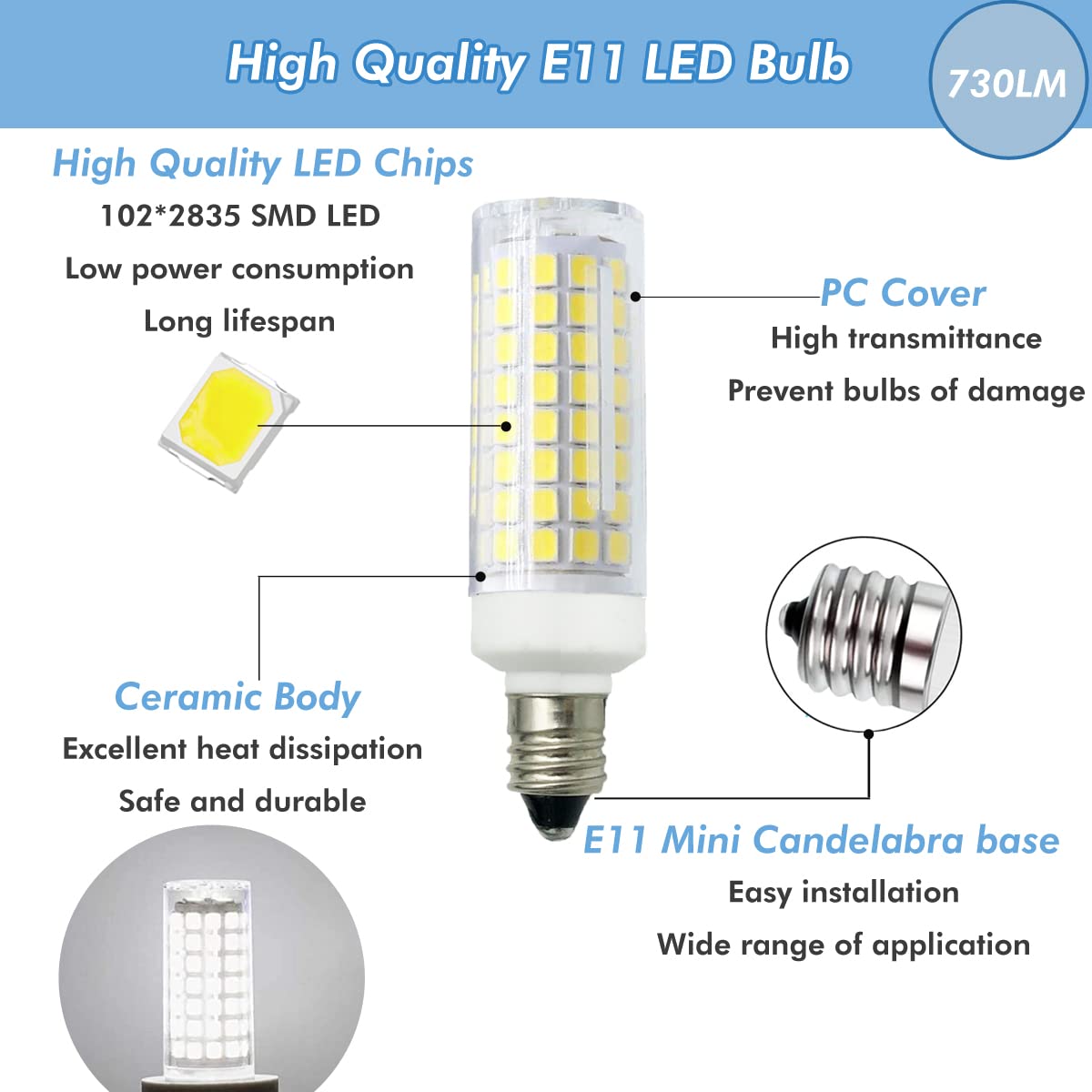 Zssxoled [Pack Of 8] E11 Led Bulb 7W Dimmable E11 Mini Candelabra Base 75W Halogen Equivalent  T3/T4 Jd E11 Led Light Bulb For Chandelier Cabinet Ceiling Fan Decorative Lighting White 6000K