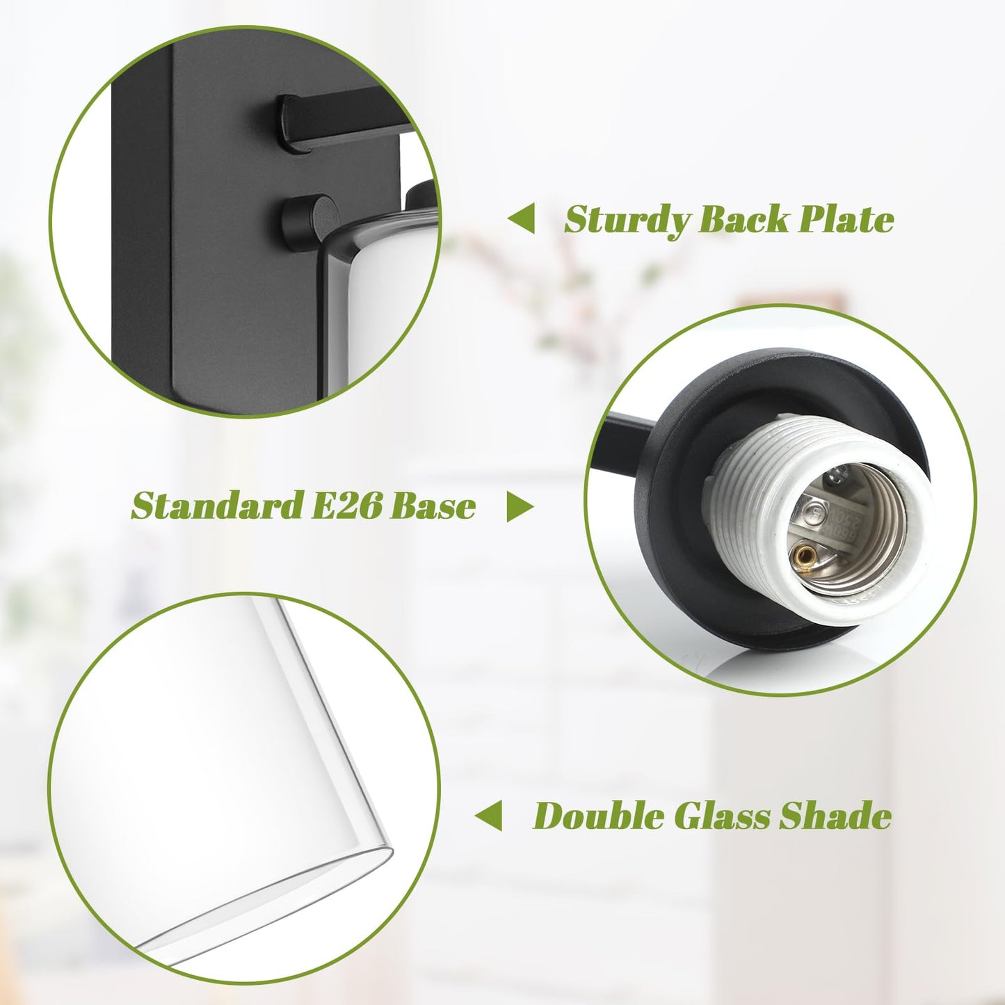 VerRon Set of 2 Wall Sconces, Modern Matte Black Lighting Lanterns, 2-Light, Glass Shade for Bathroom, Bedroom, Hallway