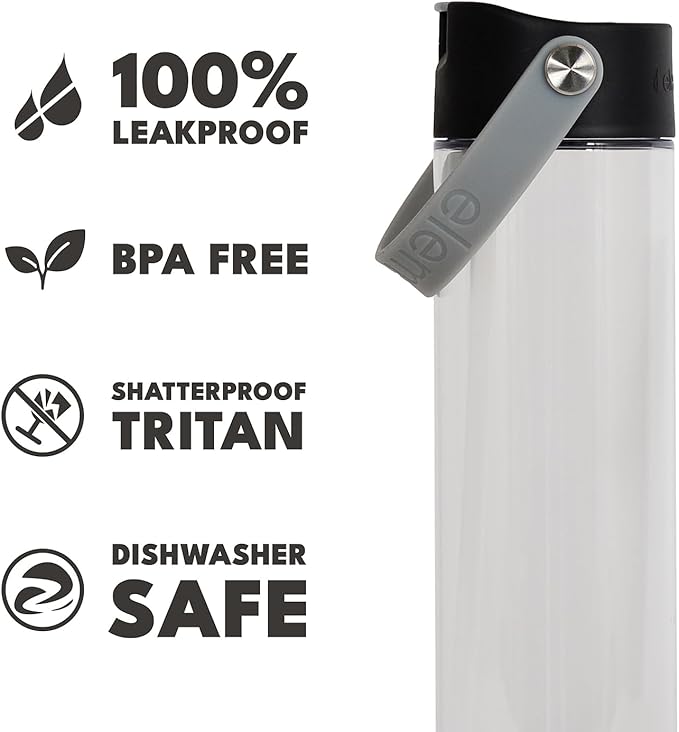 Elemental Splash Water Bottles - BPA-Free Tritan Plastic Reusable Water Bottle with Strap - Ideal for Gym and Sports Leak Proof when Spout is Closed - Midnight Clear - 26oz (2 Pack)