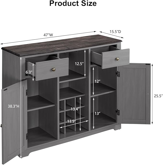 Rustic Wine Cabinet with Wine Rack and Lattice, Sideboard Buffet Cabinet with Drawers, Multifunctional Storage Cabinet for Kitchen, Dining Room, 47 Inch (Gray)