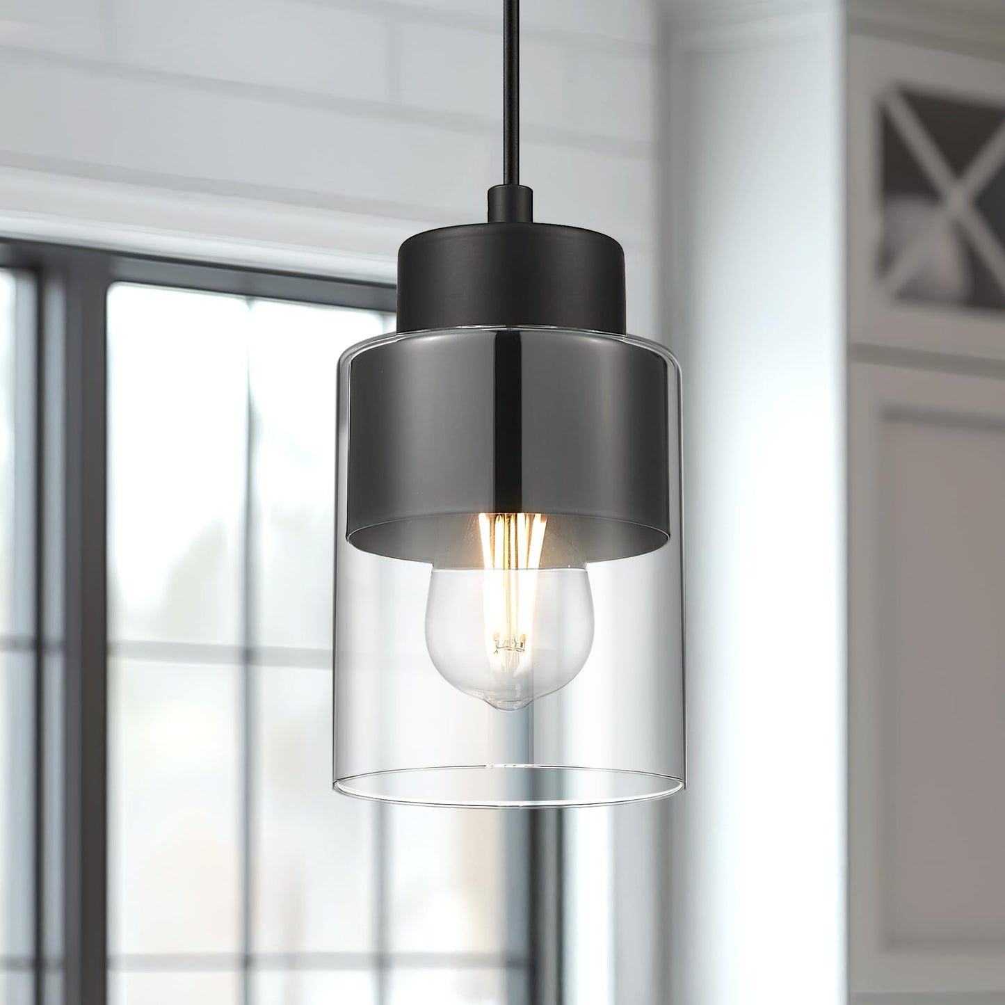 Audickic 2-Pack Pendant Lights Kitchen Island  Dual Shade Hanging Lights Fixtures With Metal And Clear Glass  Modern Matte Black Kitchen Pendant Lighting Over Island For Dining Room  Ad-24022-1P2-Bk