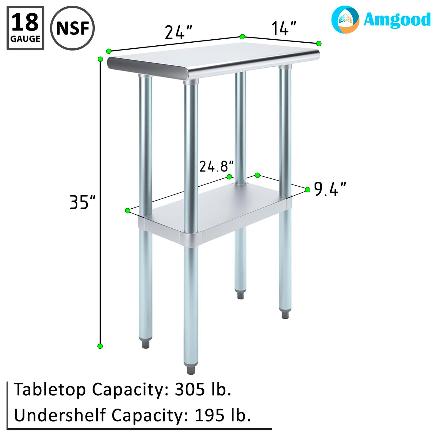 AmGood 14 in. x 24 in. Stainless Steel Work Table | Metal Kitchen Food Prep Table | NSF
