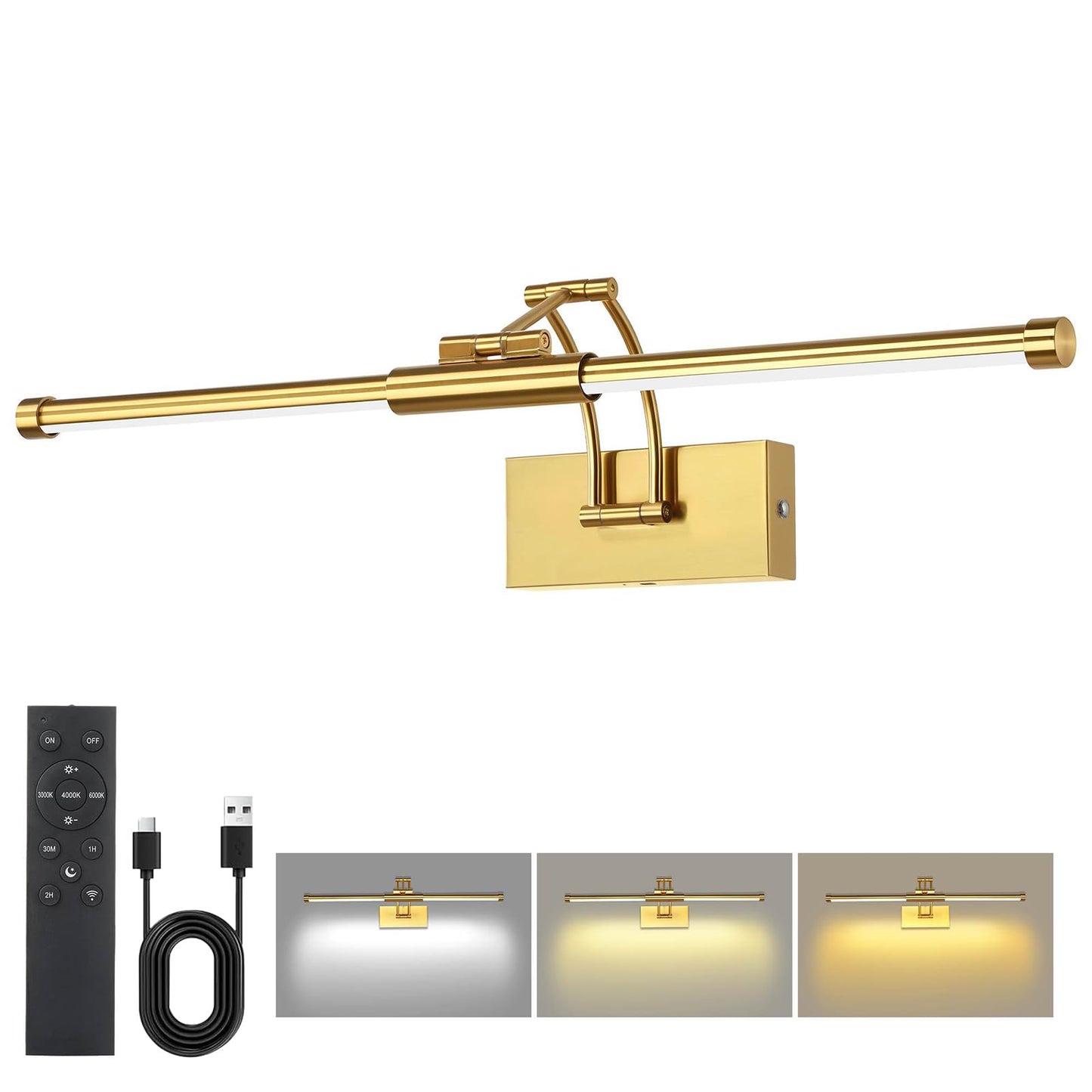 24 Picture Lights For Wall Battery Operated  Wireless Picture Lights With Remote  Rechargeable Wall Light 3000K/4000K/6000K Dimmable  Art Lighting For discomfort-reducingtings Frame Gallery Dartboard Light  Brass