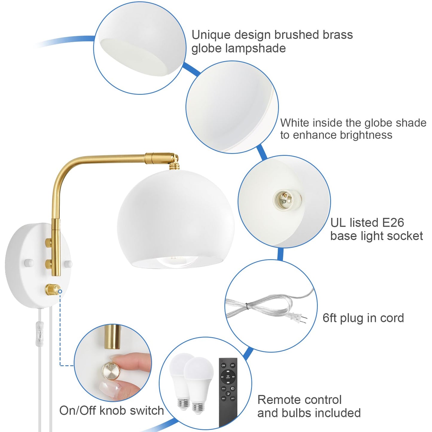 VATONI Wall Sconce with Remote Control, Dimmable 0-100%, Adjustable Color Temp 2700K-6000K, 2 Pack, Brushed Brass, White Globe