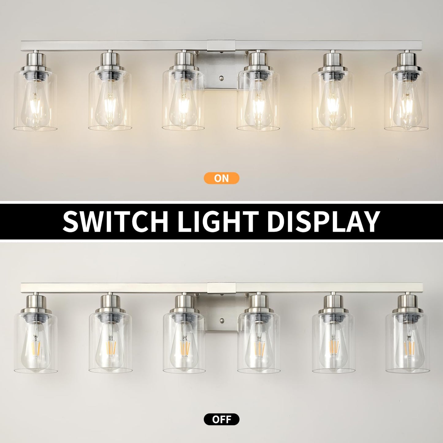 Dikaida 6-Light Bathroom Vanity Light, Nickel Metal Wall Sconce With Clear Glass Shade, Model Ns-6