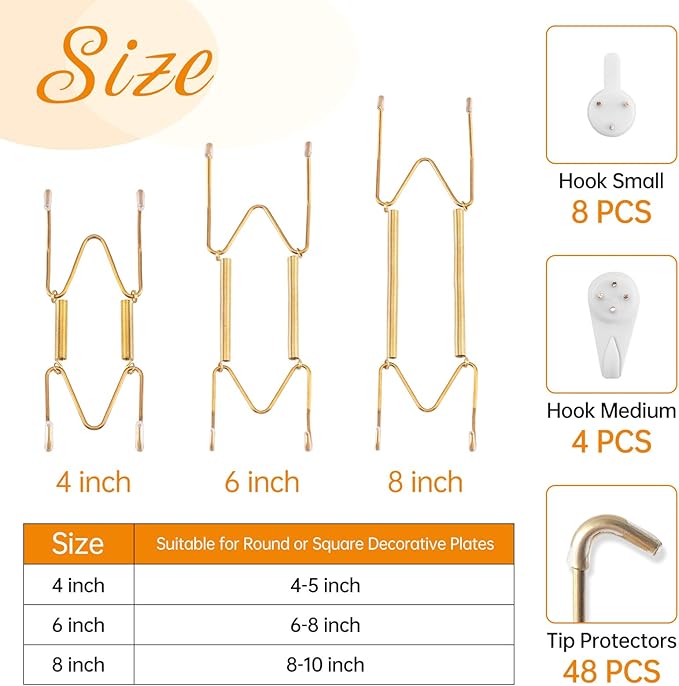 Bilillo 12 Pieces Plate Wall Hangers for Display - 4/6/8 Inch Invisible Plates Hanger, Stainless Steel Plate Holders with 12 Pieces Wall Hooks for 4 to 10.5 Inch Decorative Plates and Arts (Gold)