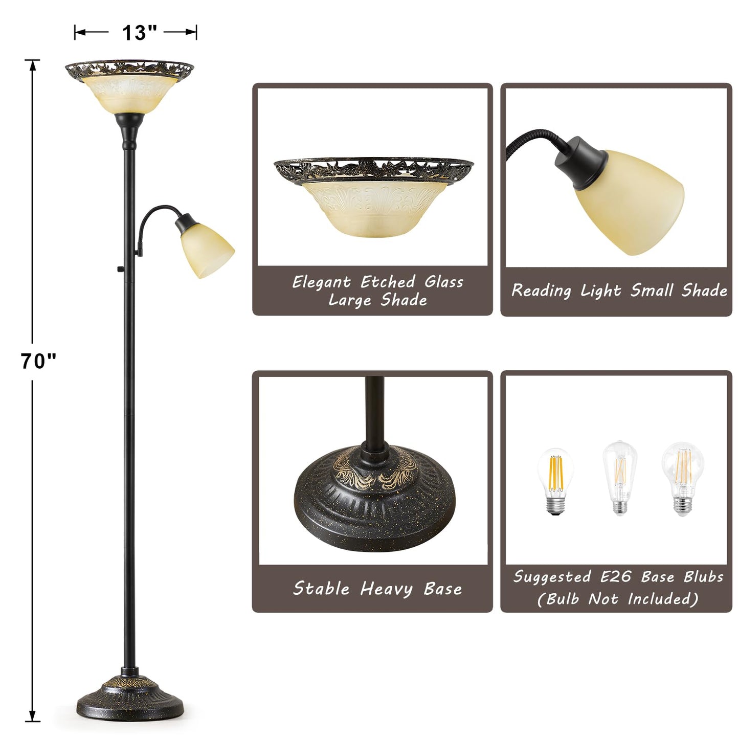 Luvkczc Torchiere Floor Lamp, 70in Vintage Metal Stand, Etched Glass Shade, Black & Yellow, Model 31001