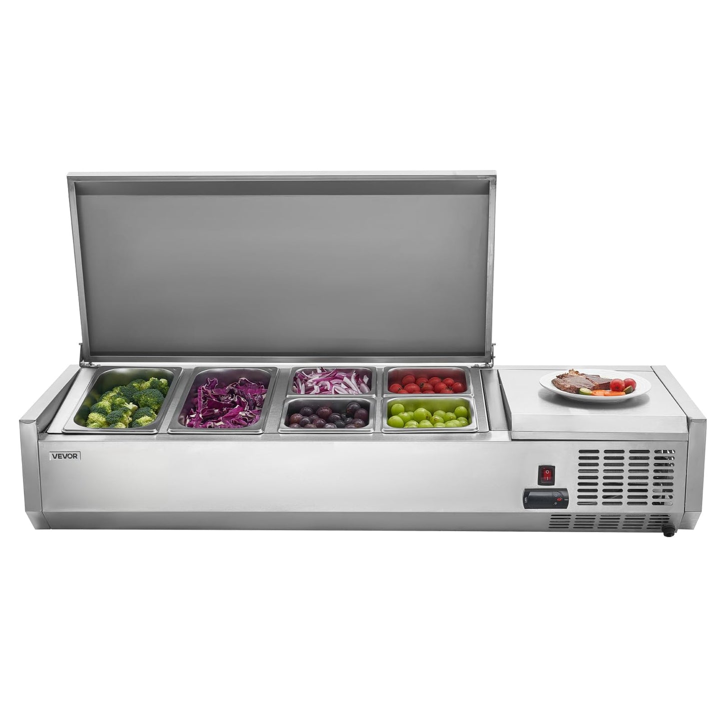 VEVOR Refrigerated Condiment Prep Station, 130 W Countertop Refrigerated Condiment Station, with Two 1/3 Pans & Four 1/6 Pans, 304 Stainless Body and PC Lid, Sandwich Prep Table with Stainless Guard