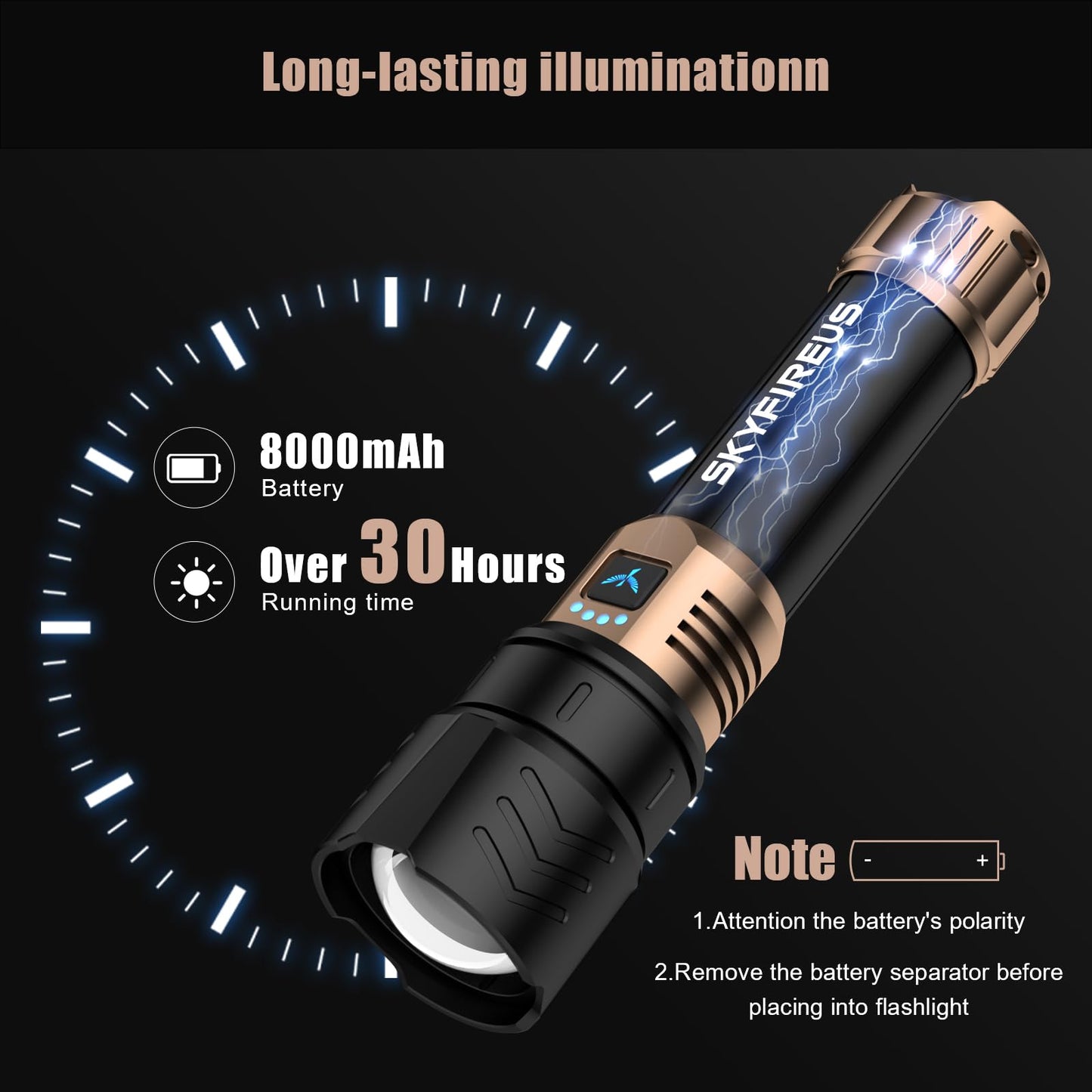 Skyfire Rechargeable Flashlight High Lumens Led Flashlight With 8000Mah Zoomable Four Modes Waterproof Bright Flash Light For Camping Essentials Outdoor Home-No Lens