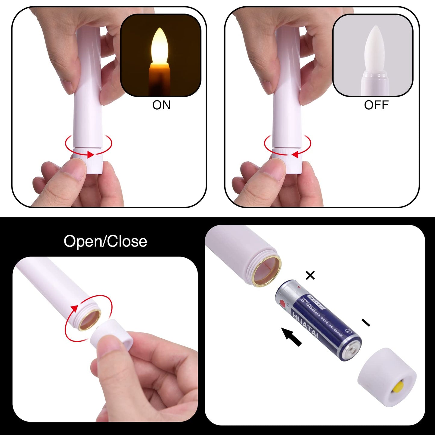 JOSU LED Window Candles, Christmas Flameless Window Candle Lights with Timer Battery Operated, 4 3D Wick Light Candle+4 Removable Gold Candleholders+Remote, for Decor &Festival Celebration