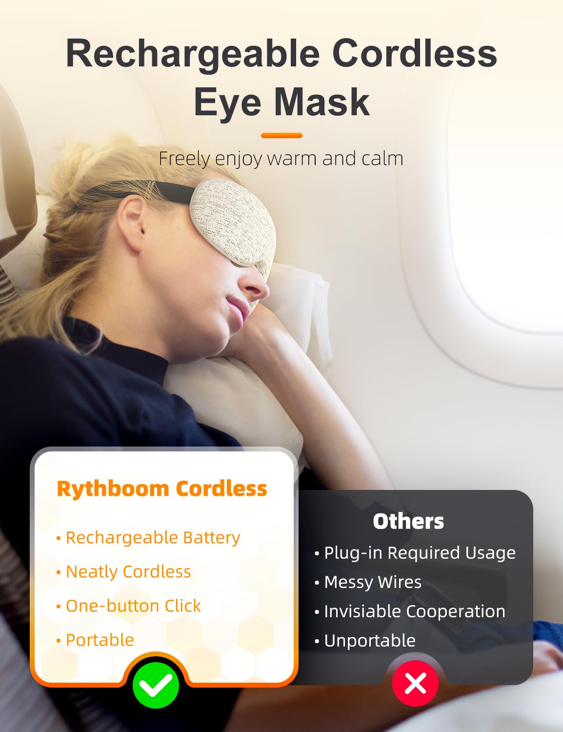 Rythboom 2025 Upgrade Heated Eye Mask, Cordless Warm Compresses for Dry Eyes, 3 Heat Levels, Graphene Material, 15 Uses, 1500mAh Rechargeable Battery, Washable Eye Heating Pad for Sleeping, Travel