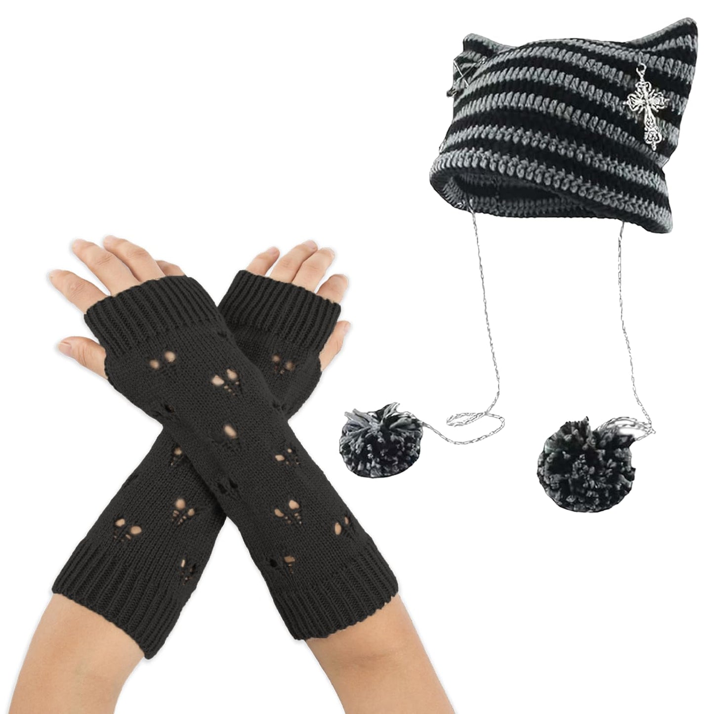 Women/Girls Crochet Hats Cat Beanie With Gloves Accessories Goth Grunge Crochet Knitted Arm Warmers Slouchy Beanies