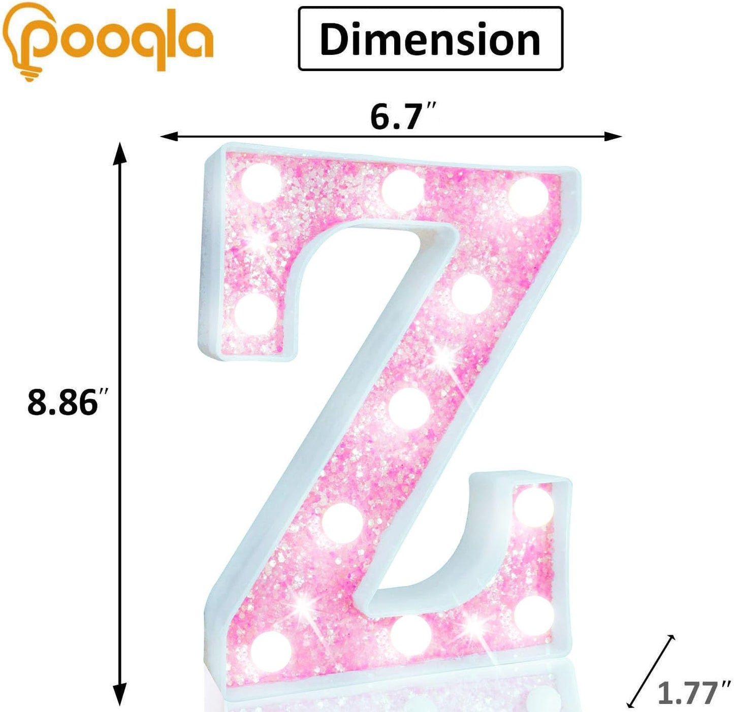 Pooqla Led Marquee Letter Lights  Light Up Letters Glitter Letter Sign Girls Gift  Battery Powered Night Light Pink Birthday Party Room Wedding Christmas Girls Bedroom Dorm Decoration  Cool White Z