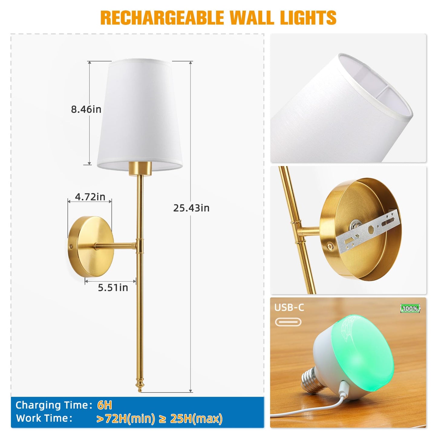 Niorsun 25.4 Inch Battery Operated Wall Sconce Set Of 2 Gold Rechargeable Wall Lights With 5200Mah Dimmable Detachable Bulbs And Remote 9 Colors Wireless Sconces For Bedroom Living Room Hallway