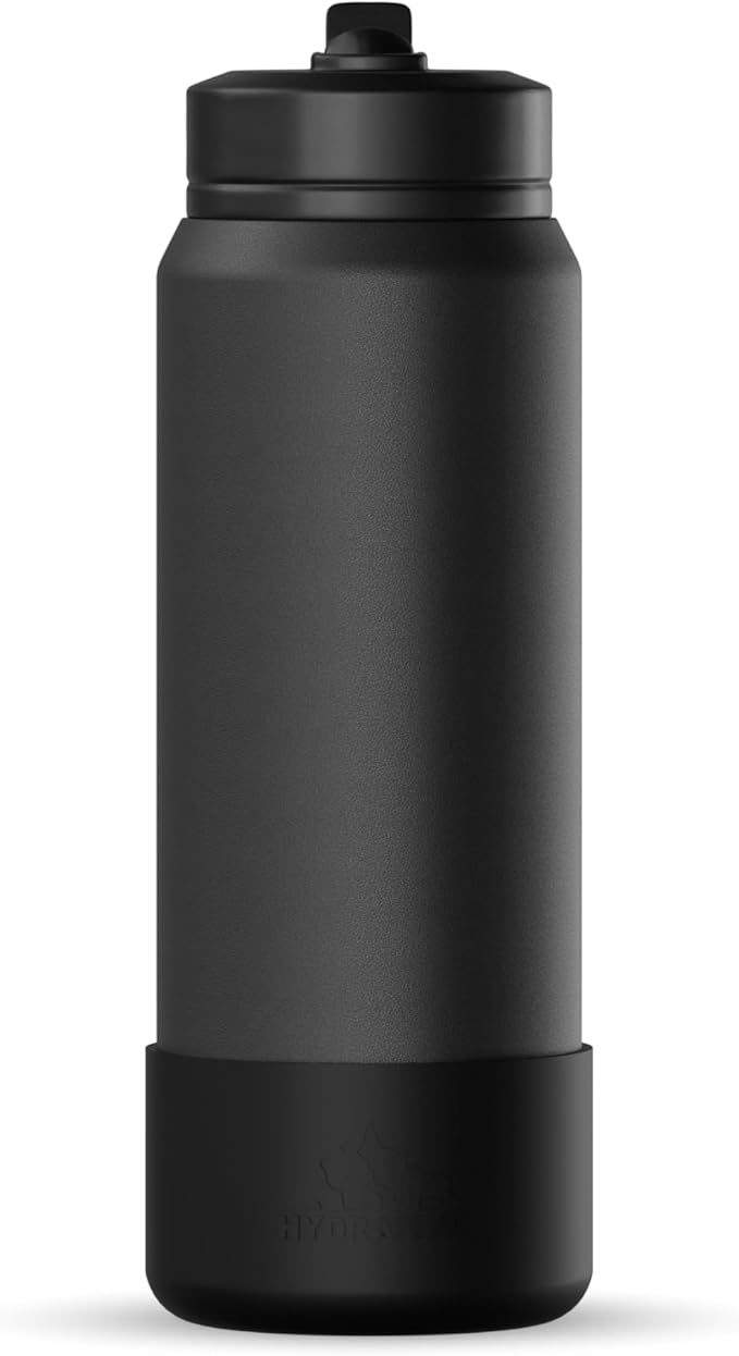 Hydrapeak 26oz Sport Insulated Water Bottle with Straw or Chug Lid, Leak & Spill Proof, Keeps Drinks Cold for 24 Hours, Hot for 12 Hours, Premium Stainless Steel Water Bottles (26oz, Black)