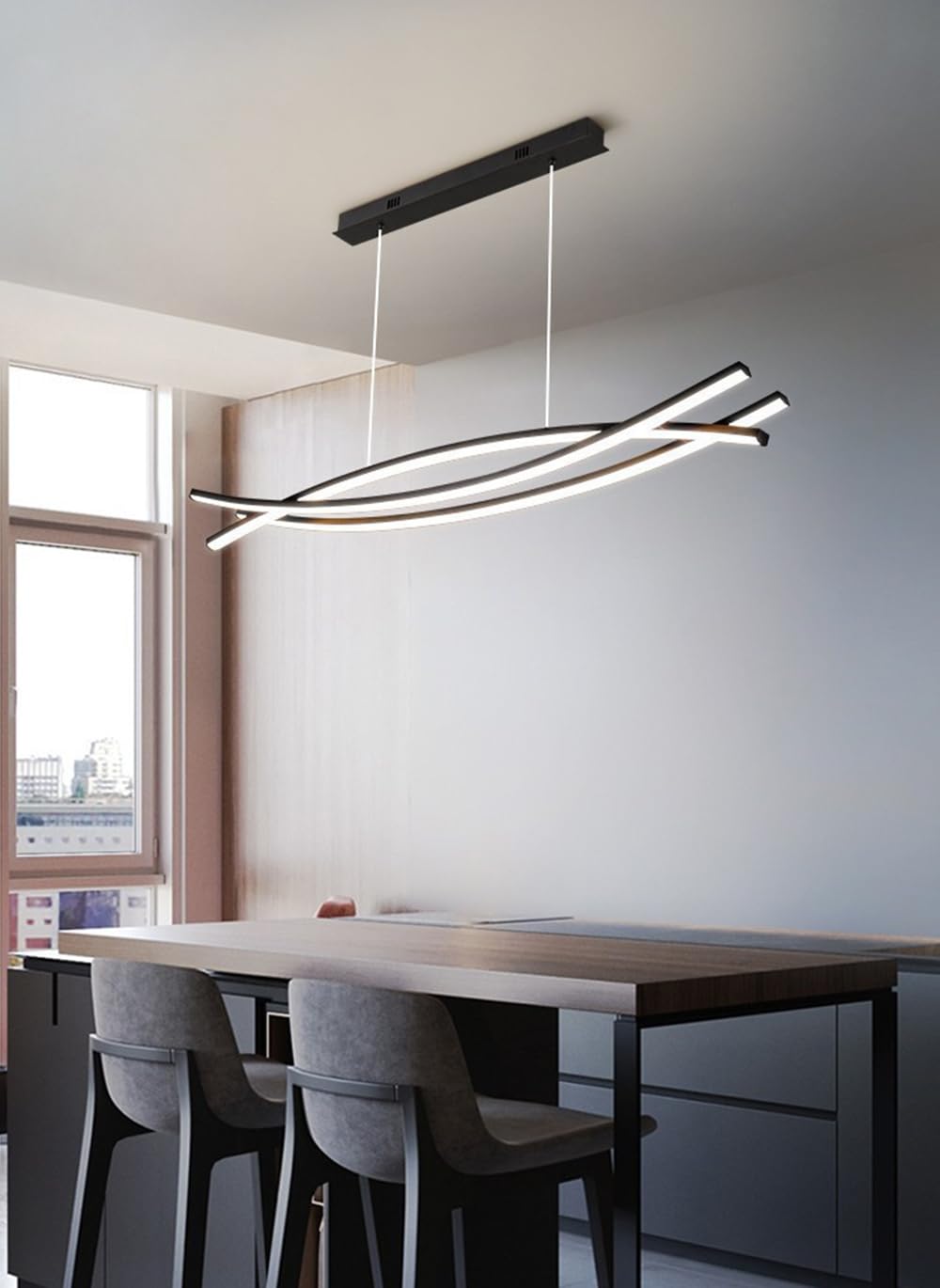Dimmable Pendant Light For Kitchen Island Lighting 47.24 Modern Led Chandelier  Led Pendant Light With Adjustable Height  Black Modern Kitchen Chandeliers For Kitchen Island  Dining Room With Remote