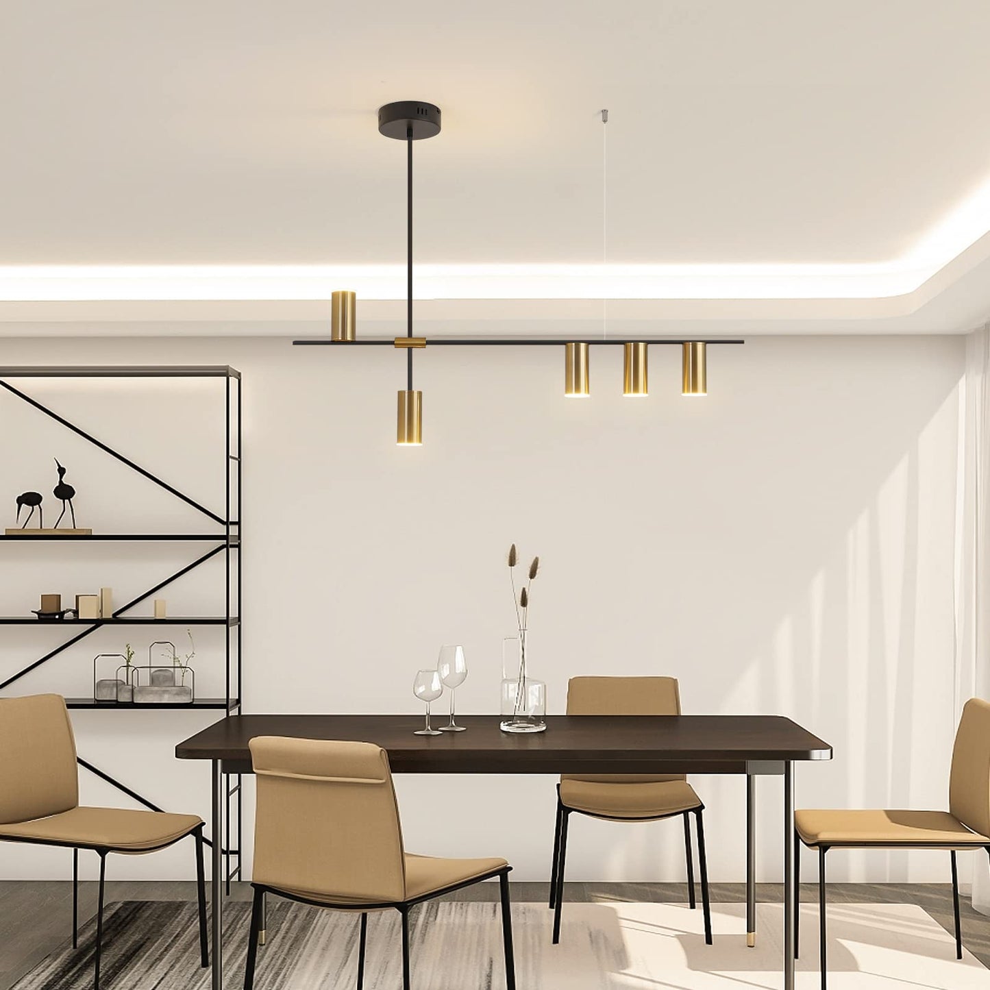 Siittoo Dimmable LED Pendant Light Chandelier, 39IN Adjustable Linear, Black & Gold, Model FM7344