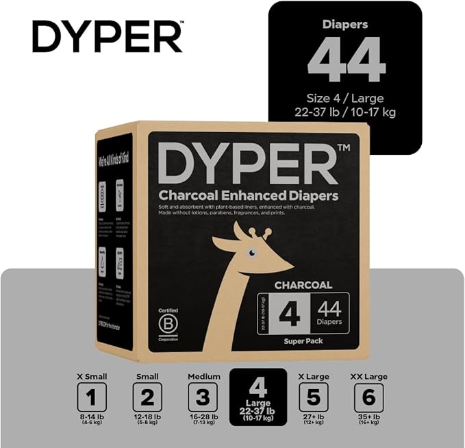 DYPER - Charcoal Enhanced Day & Overnight Disposable Baby Diapers - Made with Plant-Based* & Honest Ingredients, Hypoallergenic for Sensitive Skin - Size 4, (44 Count)