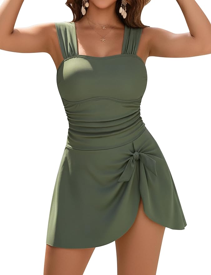 Blooming Jelly Womens One Piece Swim Dress Retro Tummy Control Modest Swimsuit Ruched Wide Strap Square Neck Bathing Suit