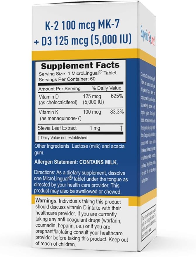 Superior Source Vitamin K-2 100 mcg with Vitamin D3 125 mcg - Bone Strength Support Supplement - Aids Healthy Joints - Immune System Health Support - 60 Sublingual Dissolving Tablets