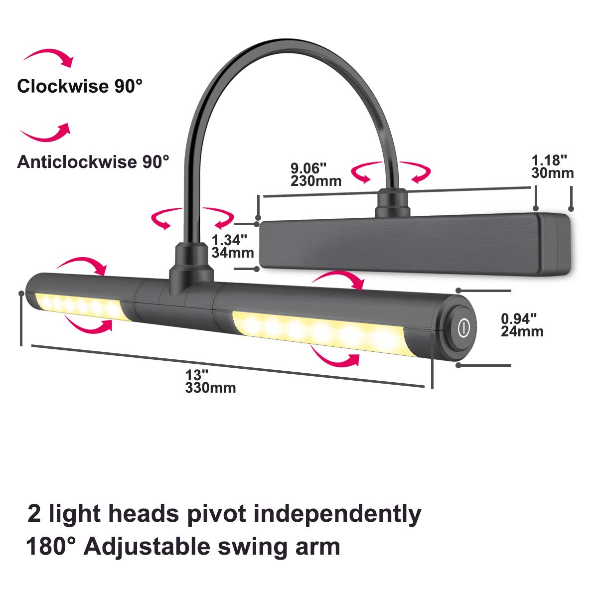 BIGLIGHT Wireless LED Picture Light, 13 Inch, Dimmable, Black, Remote Control, Rotatable Light Head, Timer