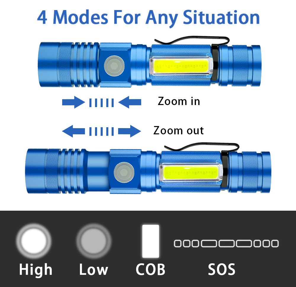 Vnina Tactical Flashlight, Rechargeable USB Magnetic, Waterproof, LED, 4 Models, 2 Pack, Blue, Aluminum