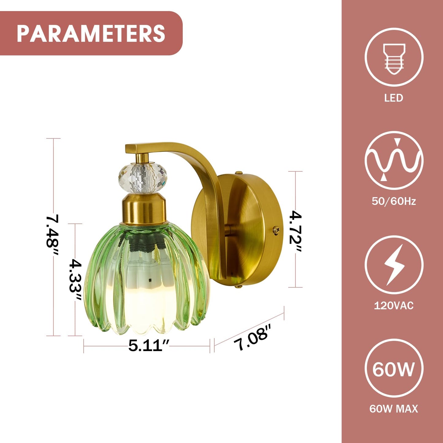 Qgiytp Vintage Gold Wall Sconce Set of 2, Dimmable, Rechargeable with Green Tulip Glass Lampshade, Iron, Model U-3063
