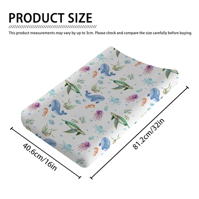 Colorful Sea Animals Changing Pad Cover Turtle Whale Jellyfish Sea Horse Weeds Sealife Diaper Change Table Sheets for Boys Girls Soft Stretch Changing Pad Mats Covers 32''x16''