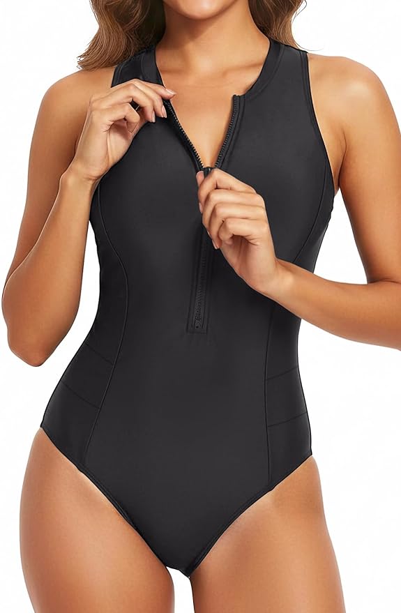 Tempt Me Women Athletic One Piece Swimsuit Zipper High Neck Bathing Suit Racerback Swimwear