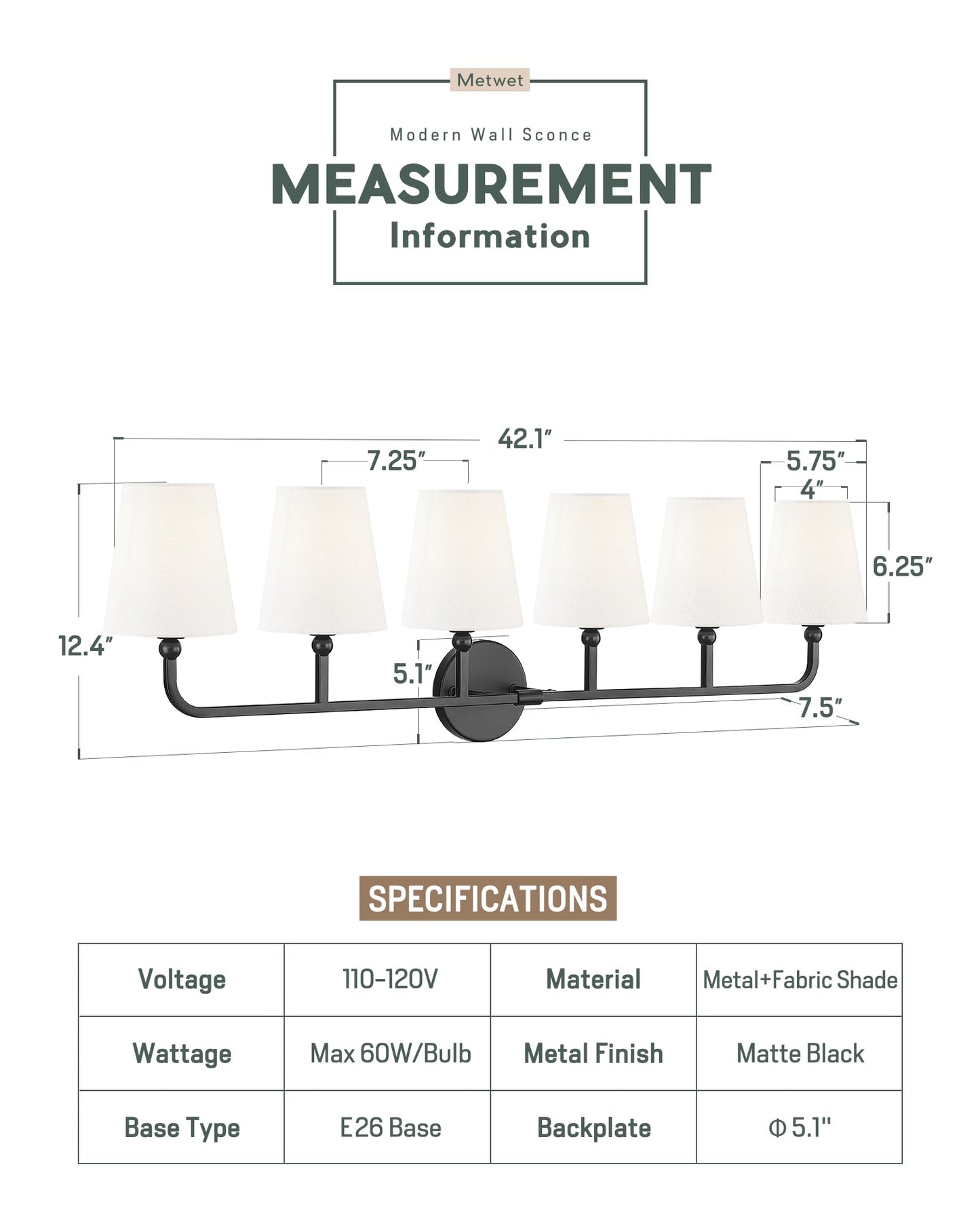 Metwet Bathroom Light Fixtures  42 Inch Matte Black Vanity Lights With Flared White Fabric Shade  6-Light Wall Sconce  Modern Sconces Wall Lighting For Hallway Bedroom  Vl837-Mb-6