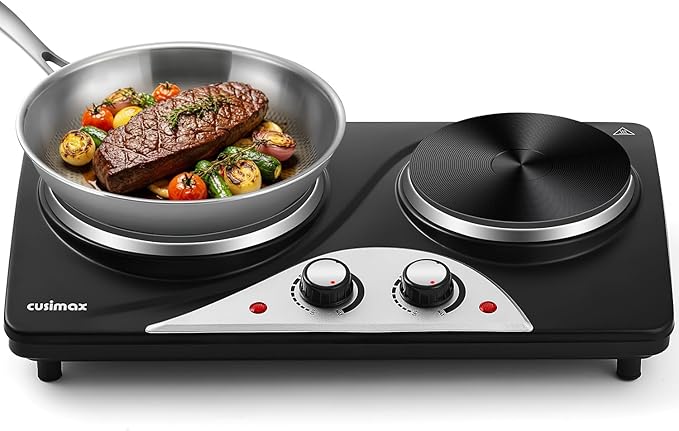 Hot Plate, CUSIMAX Electric Burners for Cooking, 1800W Double Burner, Hot Plates for Countertop Burner, Portable Cast Iron Hot Plates with Dual Adjustable Temperature, Easy to Clean