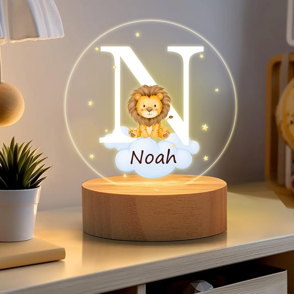 callie Acrylic Night Light Name Plate Personalized, Custom Cute Forest Animals with Wooden Base Bedroom Decor, Birthday Gifts Ch