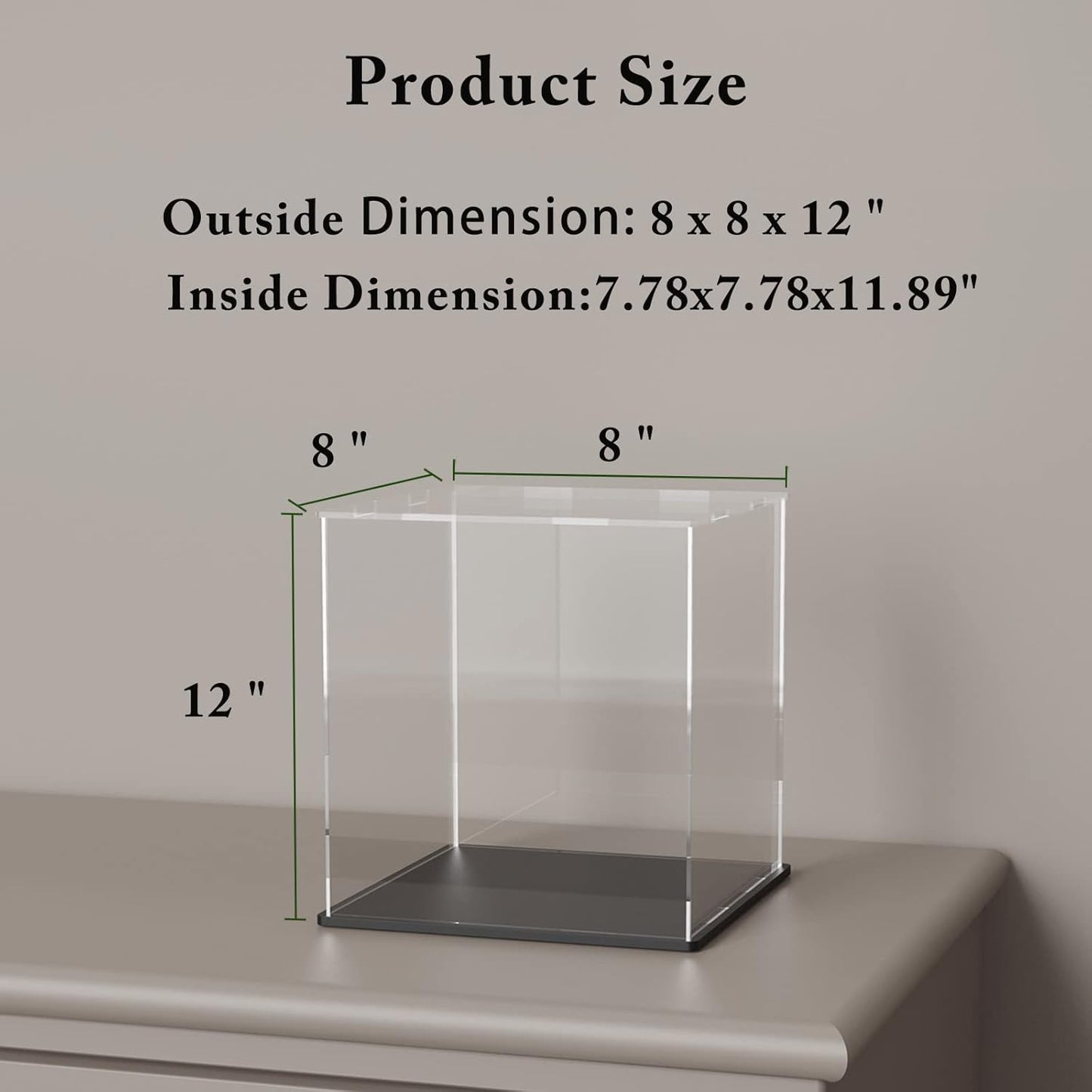 Acrylic Box with Matte Black Base, Simple Self-Assembly Clear Acrylic Display Case, Tall Dustproof Showcase with Lid for Collectibles, Toys and Trophy (8x8x12 inch)