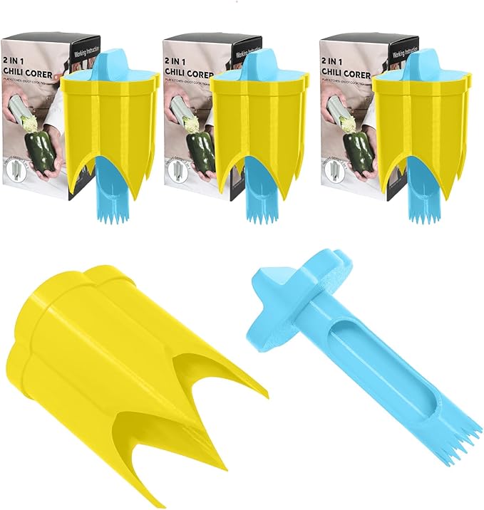 Pepper Corer, 2 in 1 Red Bell Pepper Seed Corer Remover Tool, Fruit & Vegetable Corers Quick Cave Tools for Jalapeno Cutter Deseeder, Blue Yellow, 3 PCS