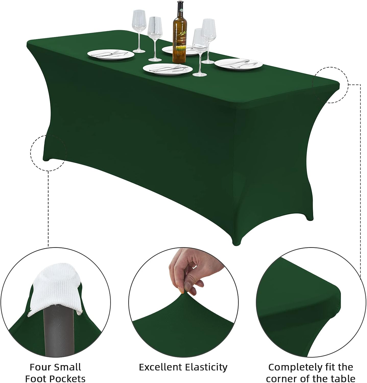 CWK 8FT Waterproof Stretch Spandex Table Cover for Rectangular Tables - Elastic Fitted Tablecloth for Folding Tables,Wrinkle Resistant Table Cloth for Parties,Weddings,Banquets&Events(Blackish Green)