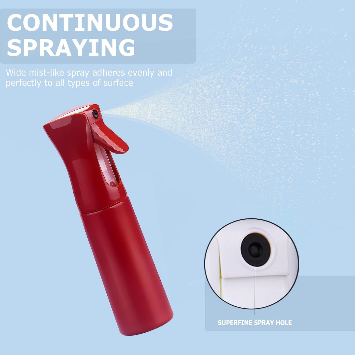VIGOR PATH Continuous Spray Bottle with Ultra Fine Mist - Versatile Water Sprayer for Hair, Home Cleaning, Salons, Plants, Aromatherapy, and More - Empty Hair Spray Bottle - 300ml/10.1oz (Red)