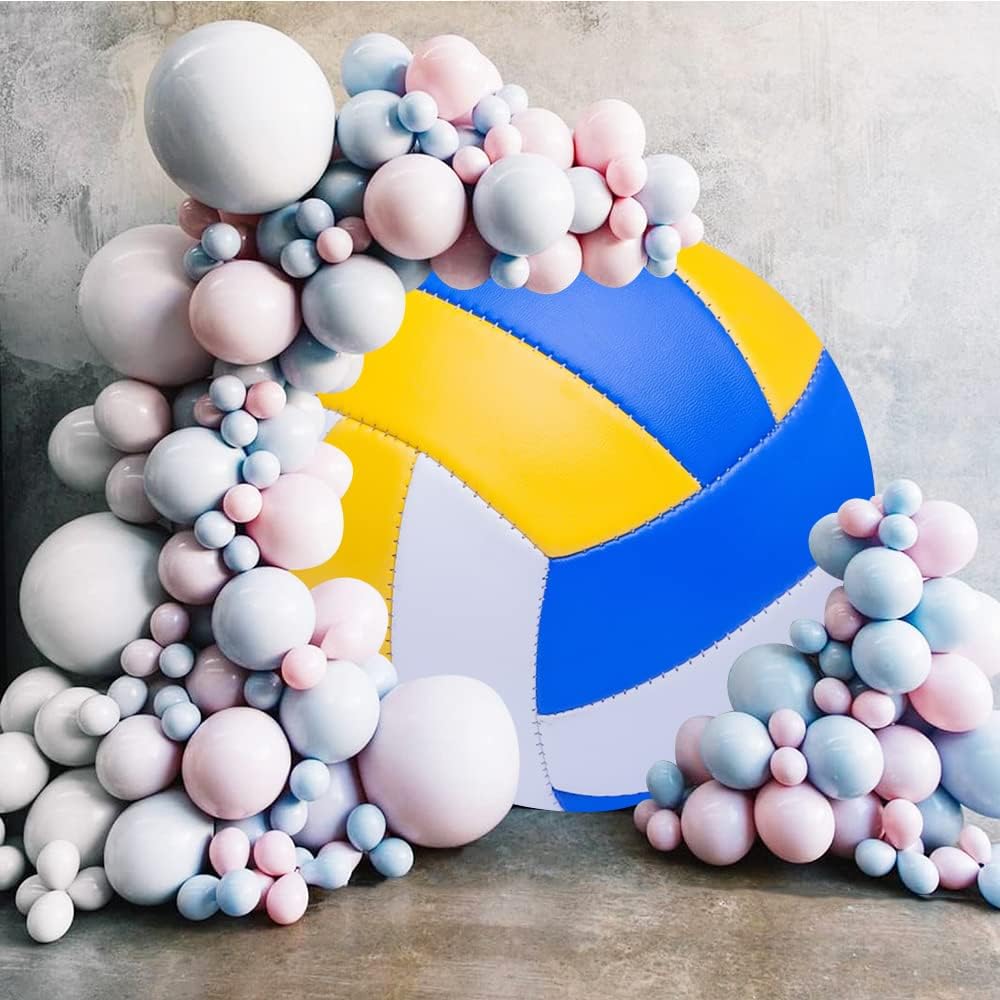 Leyiyi 7.5x7.5ft Abstract White Yellow Blue Colorful Volleyball Round Backdrop Cover Polyester Outdoor Sports Themed Photography Background Volleyball Party Photo Backdrop Birthday Party Deecorations