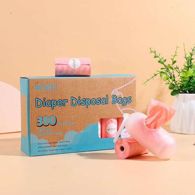 Disposable Diaper Bags for Baby - 20 Refill Rolls (300 Pack), Disposable Trash Bag with Dispenser - Cherry Blossom Scented, Pink, Ideal for Diaper Dispoal