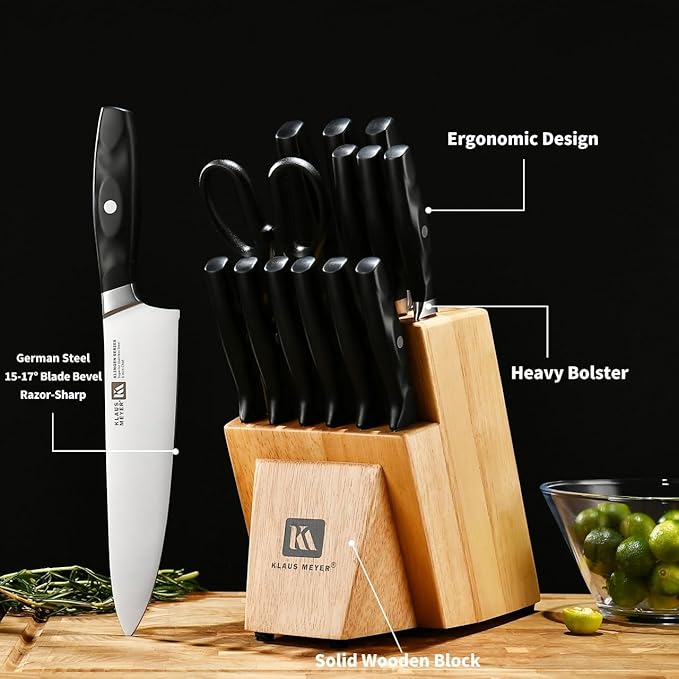 Klaus Meyer 15 Pieces Knife Block Set, High Carbon German Stainless Steel Forged Sharp Blade Knife Set With Block, Dishwasher Safe Cutlery