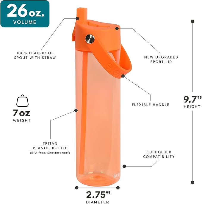 Elemental Splash Water Bottle with Straw - BPA-Free Tritan Plastic Reusable Water Bottle with Strap - Ideal for Travel, Gym and Sports - Leak Proof when Spout is Closed - 26oz - Orange